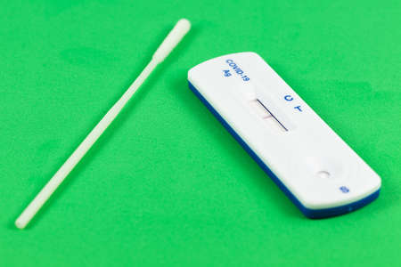 SARS-CoV-2 rapid antibody test with test swap and negative test result on green background