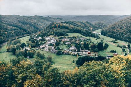 View on old village in a valleyの写真素材