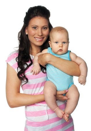 Portrait of mother and baby isolated on white backgroundの写真素材