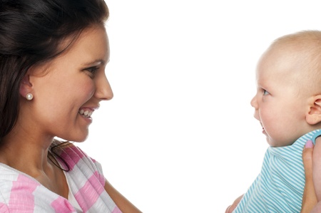 Portrait of mother and baby isolated on white backgroundの写真素材