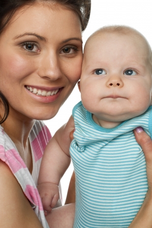 Portrait of mother and baby isolated on white backgroundの写真素材