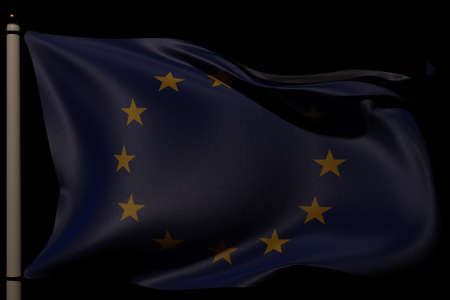 Flag of the European Union with silky look waving in the wind from a flag pole with pitch black...