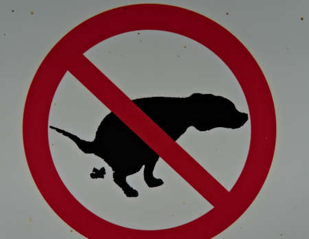 Red and white sign with dog pooping not allowed.の写真素材