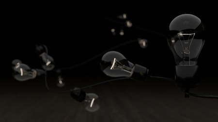 Classic garden light bulb chain with bokeh and wooden floor on dark background. 3D rendering.の写真素材