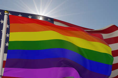 Pride rainbow flag and American stars and stripes waving in the wind together with clouds and sky in the background. 3D rendering.の写真素材