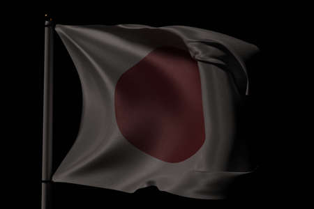 Flag of the Japan with silky look waving in the wind from a flag pole with pitch black background and moody lighting. 3D render.の写真素材