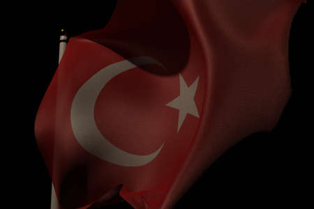 Flag of the Turkey with silky look waving in the wind from a flag pole with pitch black background and moody lighting. 3D render.の写真素材