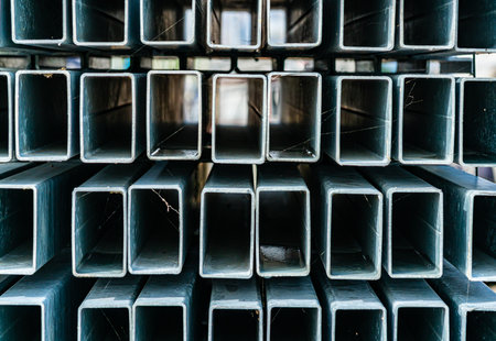Metal bars in rectangular profile stacked together at a construction site. . High quality photoの写真素材