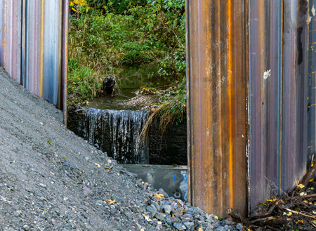 Drainage construction project with iron walls to protect from future flooding. . High quality photoの写真素材