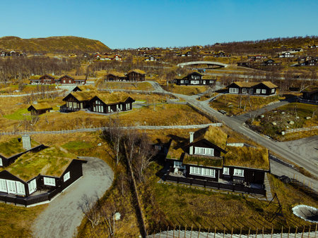 Large luxury cabins with grass turf roofs. Beitostoelen, Norway.の写真素材