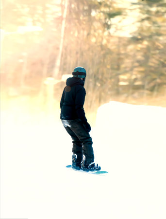 Lone snowboarder riding down a slope at sunset. Shallow depth of field. High quality photoの写真素材