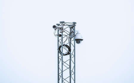 Security camera mast with equipment to provide surveillance and security of a local area. High quality photoの写真素材