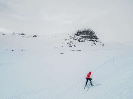 Cross country skier traveling across a snowy arctic tundra in the high mountains on a cold winters day. High quality photoの写真素材