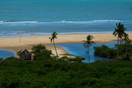 views of the sea, from the top, with palm trees, ponds and a small wooden houseの写真素材