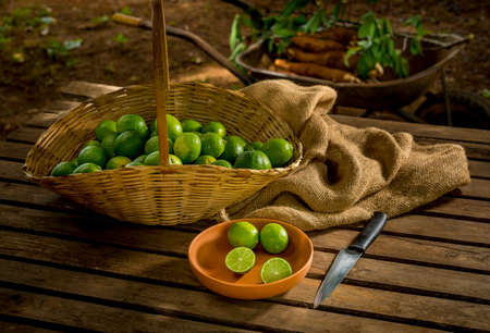 lime picked and sliced ââon wood and inside a basket .の写真素材