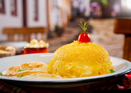 couscous stuffed with cheese with eggs in a beautiful countryside city setting ( cuzcuz )の写真素材