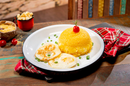 couscous stuffed with cheese with eggs in a beautiful countryside city setting ( cuzcuz )の写真素材