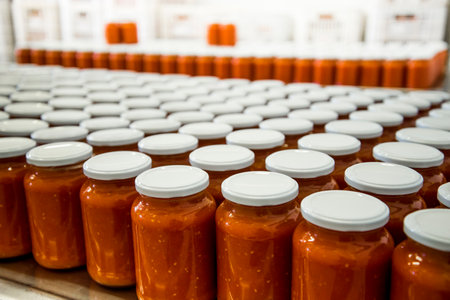 Canned tomatoes in a row on a shelf in a food factoryの写真素材