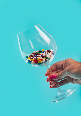 Female hand holding a glass of colorful pills on a blue background.の写真素材