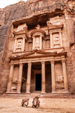 Al Khazneh The Treasury of Petra view with two guardians camels in front