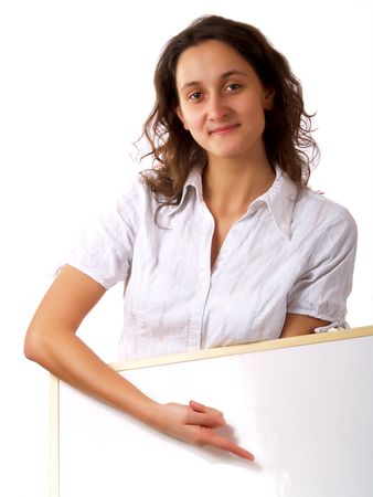 Young woman holding and showing a wite board, with a copy-spaceの写真素材