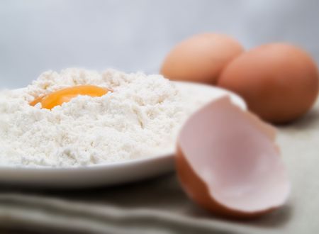 Egg and flour in a white plate