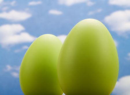 Easter eggs over a blue skyの写真素材
