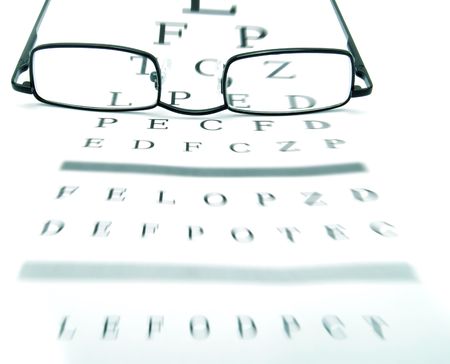Eyeglasses on an optometrist chart の写真素材