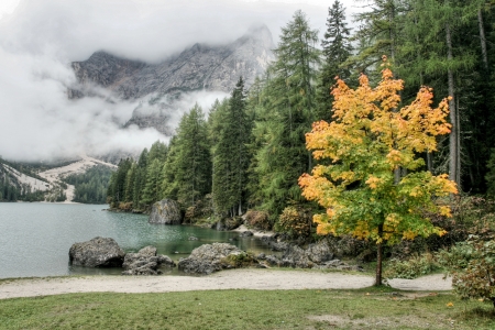 Lago di Braies lake in Autumn in Dolomites