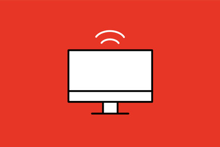Computer screen with wifi signal icon. Vector illustration isolated on red background.