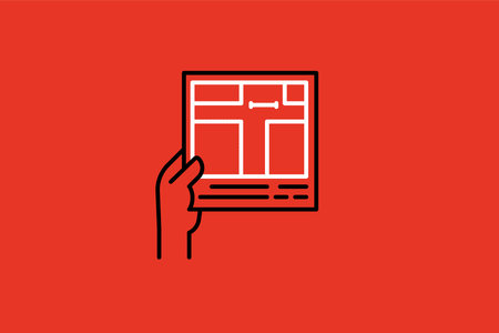Hand holding a newspaper. Vector illustration. Isolated on red background.のイラスト素材