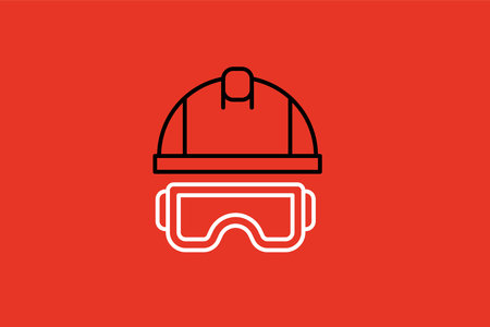Firefighter helmet and goggles line icon on red background. Vector illustrationのイラスト素材
