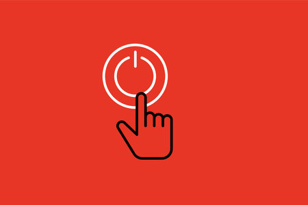 Power button icon. Hand pointer. Vector illustration on red background.のイラスト素材