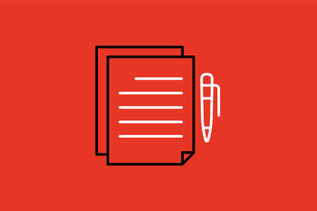 Document and pen vector icon. Paper and pen icon on red backgroundのイラスト素材