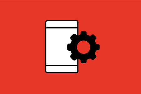 Smartphone and gear icon on red background. Vector illustration, flat design.のイラスト素材