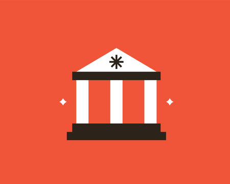 Bank building icon. Flat vector illustration. Isolated on red background.のイラスト素材