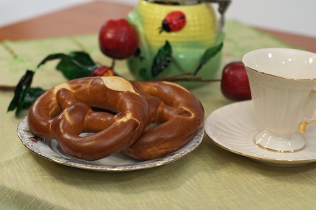 Pretzels cookies arranged on a napkinの写真素材