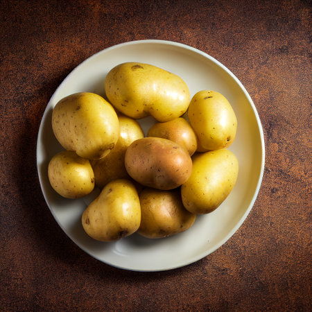 Assortment of potatoes beautifully presented on a white plate on a dark brown table.の写真素材