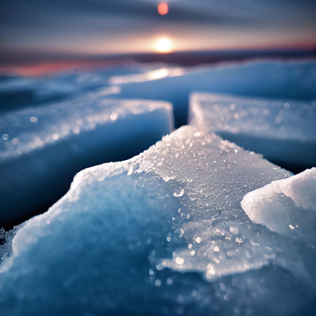Norwegian ice flakes being warmed in the light of the winter sun. Climate change concept.の写真素材