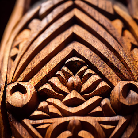 Close-up of detailed and old Norwegian wood carving. Carved wood with intricate details.の写真素材