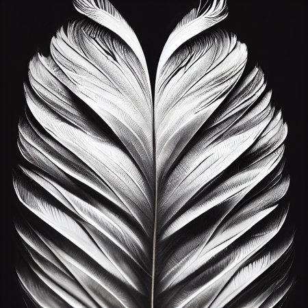 Single white feather closeup on black background.の写真素材