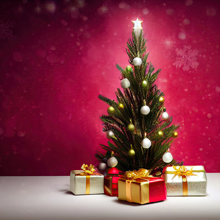 Christmas tree with presents on bright red background.の写真素材