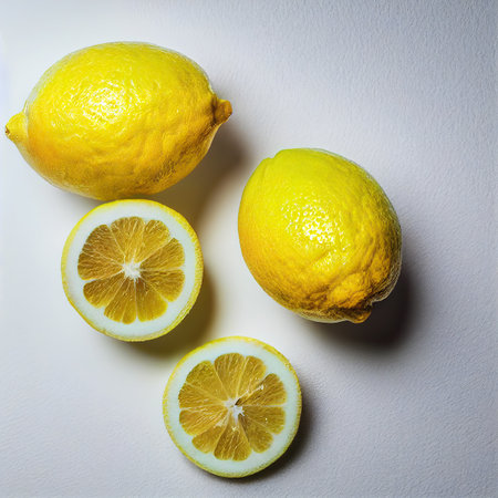 Fresh ripe lemons and lemon slices isolated on light background..の写真素材