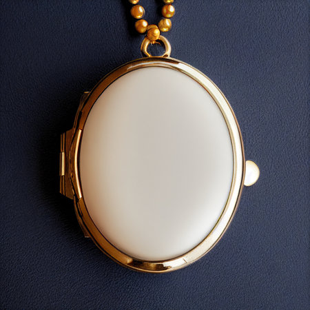 Empty beautiful locket on chain isolated on dark background.の写真素材