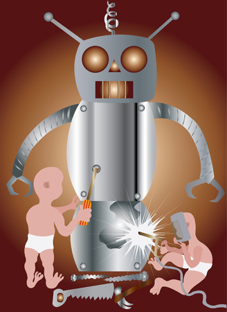 Kids building a robotのイラスト素材