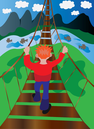A junior trying to cross a very very high bridgeのイラスト素材