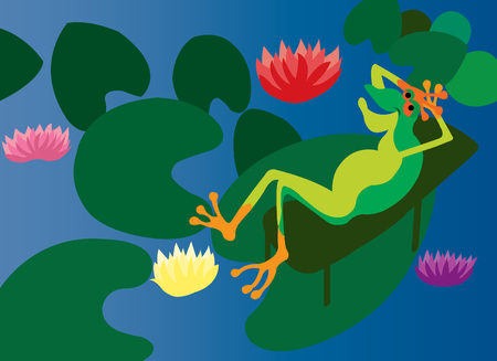 A frog relaxing on a water lily in a pondのイラスト素材