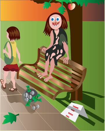 A homeless man sitting on a bench and smiling to the passers-byeのイラスト素材
