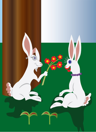 A bunny showing a bunch of flowers to its loverのイラスト素材