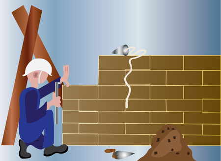 A mason measuring a brick before using it for building a wallのイラスト素材